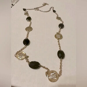 Gold and black chain necklace with crystal accents.  ~32” long